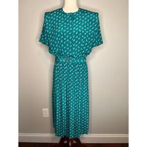80s Leslie Fay Teal Green Geometric Accordion Pleated Modest Church Work Dress M